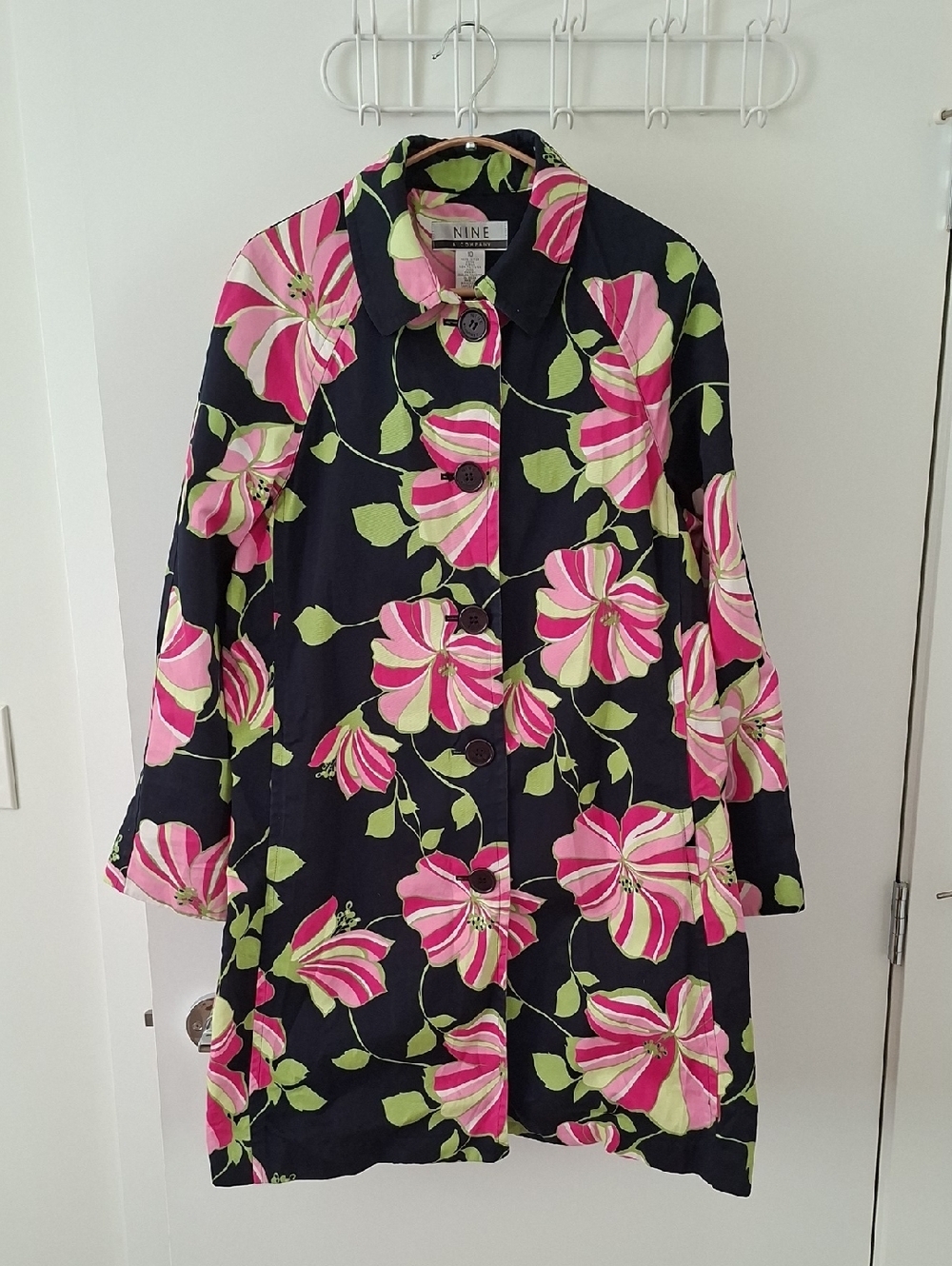Vintage 90's Nine West 100% Cotton Pink Floral Print Navy Overcoat (US 10/M)
